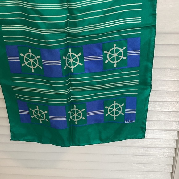 ECHO NAUTICAL 100% Silk Scarf. Green/White Stripes. Made in Japan. - Picture 3 of 6